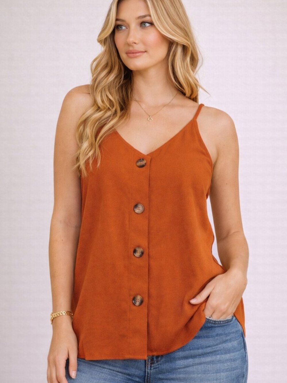 Burnt Orange Button Front Cami Tank | Y2K Boho Minimalist Top